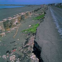 台南安平一帶的海岸。照片中漸被沙掩蓋的消波塊慢慢沈陷，而後方的公路仍難免被暴浪侵蝕。