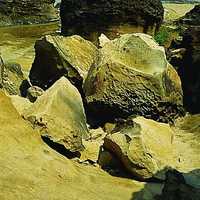 在蕈狀岩區的後方有部分深色、上方有類似蜂窩的岩塊，這是由蕈狀岩頸部斷裂後所留下的。