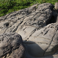薑石本身為形狀不規則的結核所造成，質地堅硬，因此外形多變、規模也有所差異，如照片中的薑石，遍布縱橫交錯的節理，部分還形成蜂窩岩小地景。