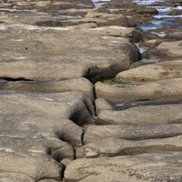 受到板塊擠壓的應力作用，在岩脈脆弱的斷裂面可見兩組幾乎垂直的節理。受到海岸侵蝕後即形成潮溝。