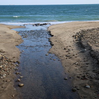 小坑子溪出海口，河流沿岸沙灘上多礫石分布，大小不一且滾磨圓滑的石頭有部分是從河流上游搬運至出海口；也有一部分是受到海浪拍打搬運至海灘上堆積。照片中礫石與沙灘之間有明顯的分界，可以知道此分界會是海浪所及之影響範圍。