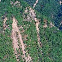 許多的崩坍地規模非常大，從稜線到河谷，呈現著一條條的裸露地，許多鬆散的岩屑，仍然堆積在邊坡上。崩坍的形式主要以落石為主，包括岩體墜落與岩屑滑落的現象。