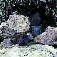 照片中的散落於地面的岩塊原本是蕈狀岩的頭部，因為受到外營力的作用，蕈狀岩的頸部越來越細，最後會承受不了巨大的力量而斷裂。