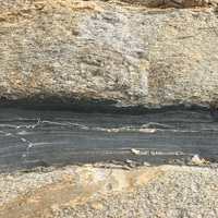 照片中切穿花岡片麻岩的帶狀構造，為輝綠岩脈。岩石內部鐵、鎂礦物含量較多，而呈現較深顏色。輝綠岩岩脈因為是侵入原來的花岡岩，因此形成年代相對的較花岡岩年輕。