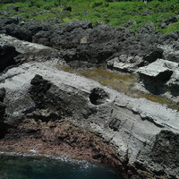 從石梯坪的海岸露頭可清楚看到這裡岩層的組成，灰白色的
凝灰岩中，有許多火山礫岩的碎屑物，除此之外也夾雜著顏
色較深的安山岩石塊，在岩石的頂部則是覆蓋著珊瑚礁。