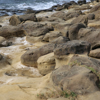 海岸的岩石沿著節理不斷的受到海水拍打，在差異侵蝕作用
下，原本的岩層被切割成一個個石塊，隨著海水搬運及滾
動。