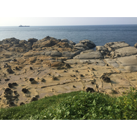 鳥瞰海蝕平台全景，可見其上之地景都是差異侵蝕、差異風化後的結果，如同大自然在一塊畫板上創作，創造出蕈狀岩、結核、節理。也可看見地景變化萬千。
