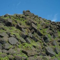 從西嶼坪玄武岩邊坡上可清楚看到玄武岩的節理，節理面大致與坡面平行，因此容易發生崩落的現象。