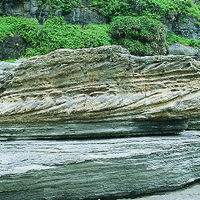 A staggered layer sedimentary landscape in the nose of the northeast corner of Taiwan. The staggered layer is due to the change in the depth of the seawater when the sediments are deposited, causing the sediments in different periods to have different angles of intersection during the sedimentation. After the formation of the rock layer, the sedimentary rock layer is formed, and the layers are layered.